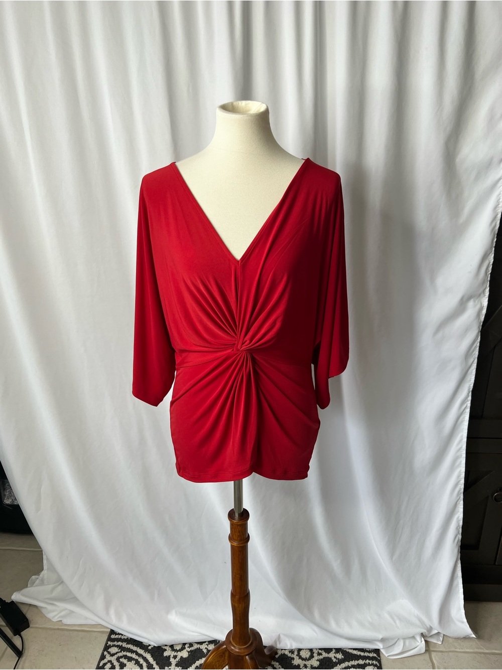 Red Twist Front Dolman Sleeve Blouse – Elegant Stretch Top